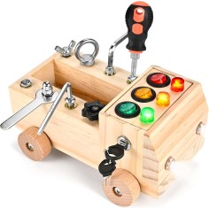 Wooderma Montessori Schraubbrett aus Holz mit Werkzeugen und LED-Lichtern