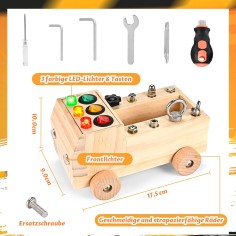 Wooderma Montessori Schraubbrett aus Holz mit Werkzeugen und LED-Lichtern