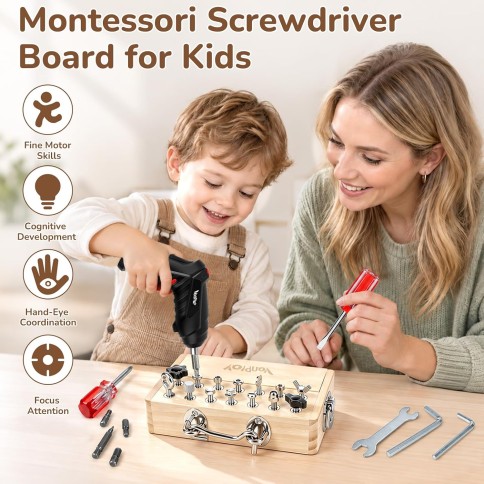 Vanplay Montessori Werkzeugkoffer aus Holz mit elektrischem Akkuschrauber