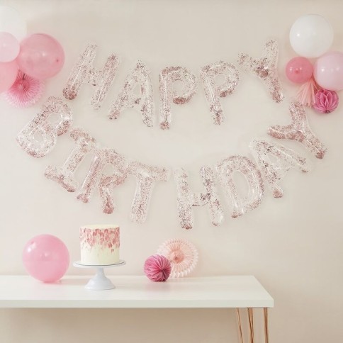 Klare Konfettiballone "Happy Birthday" Banner