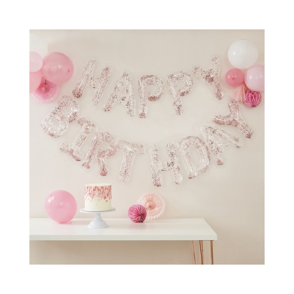 Klare Konfettiballone "Happy Birthday" Banner
