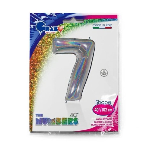 Folienballon Holo Silber 100 cm, Zahl "7"