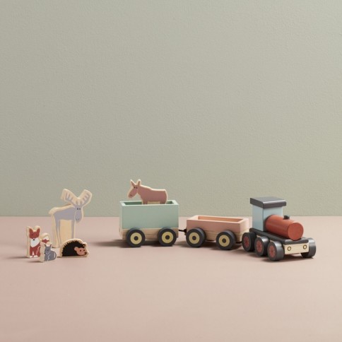 Chemin de fer en bois avec des animaux