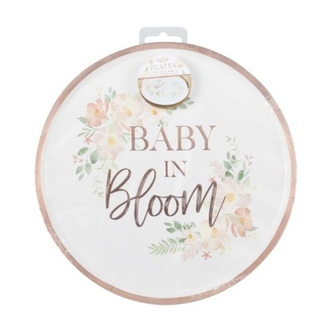 Rosen-Goldbaby-in-Blüten-Babyparty-Teller