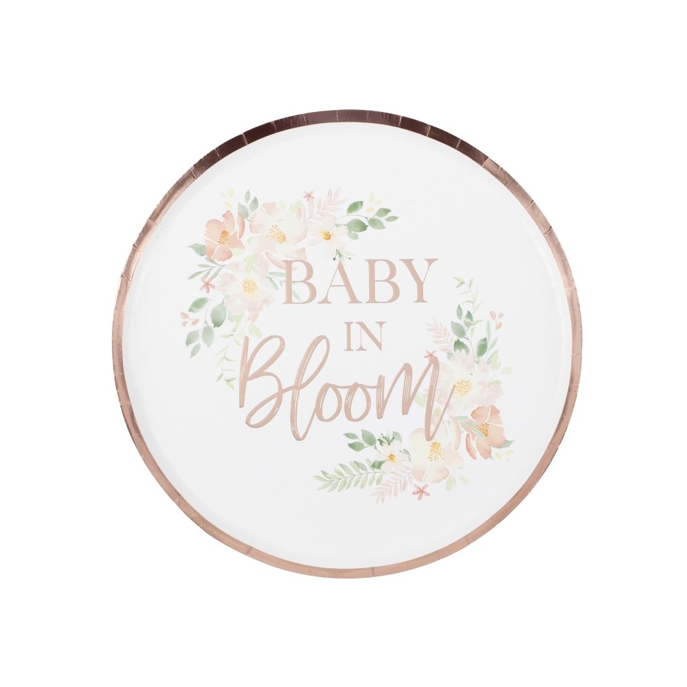 Rosen-Goldbaby-in-Blüten-Babyparty-Teller