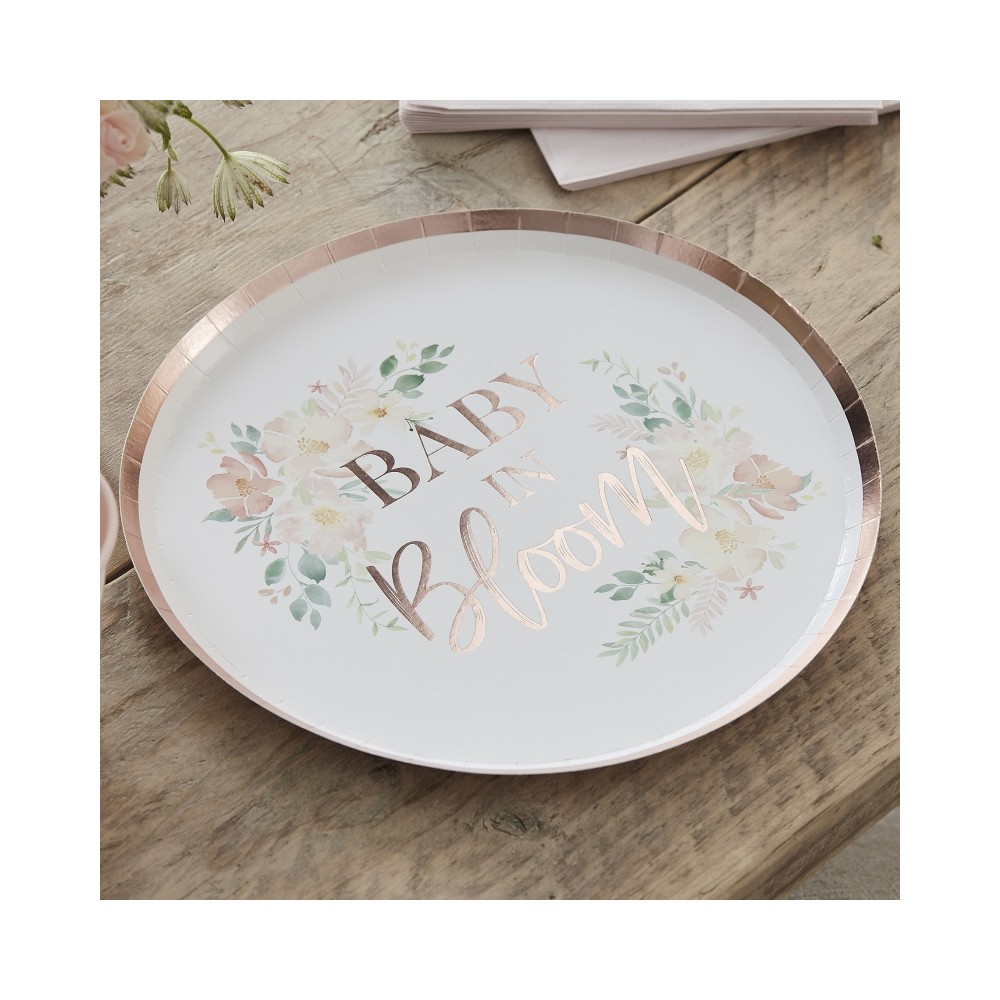 Rosen-Goldbaby-in-Blüten-Babyparty-Teller