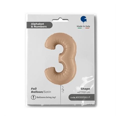 Grabo Folienballon Zahl 3 Satin, Nude 100cm/40"