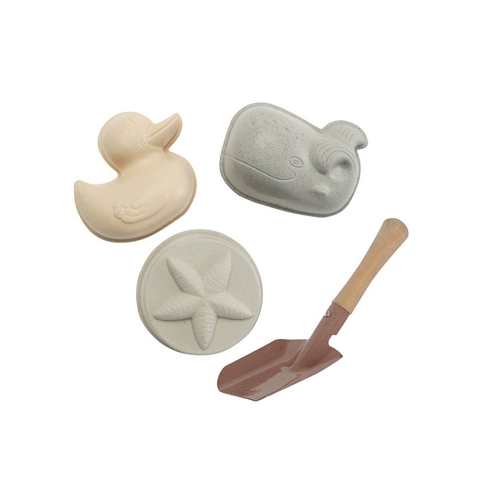 HEVEA Sandförmchen-Set mit Schippe im Tragenetz aus Naturkautschuk