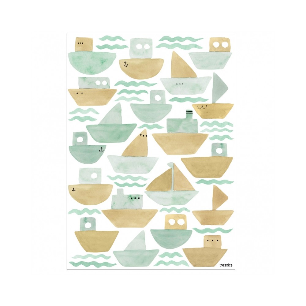 Tresxics textile Wandaufkleber Aquarellboote und Wellen (1 Bogen), Grün