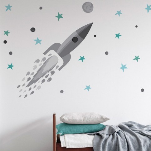 Tresxics textile Wandaufkleber Rakete und Sterne, Turquoise