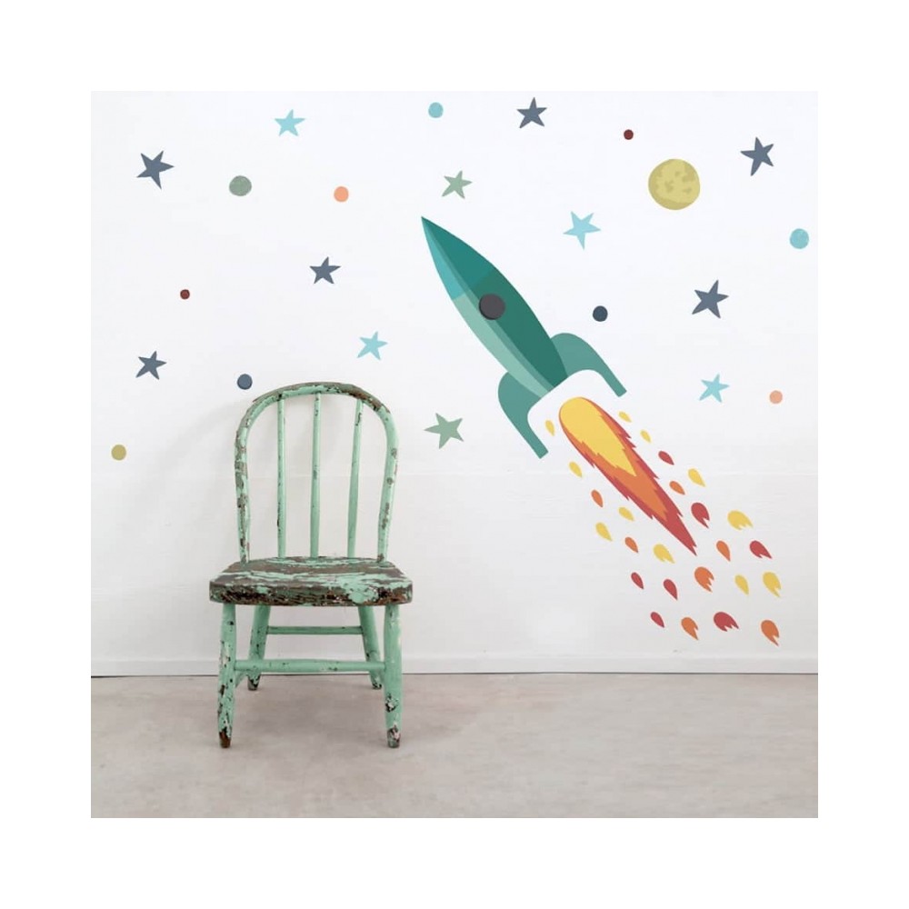 Tresxics textile Wandaufkleber Rakete und Sterne, Turquoise