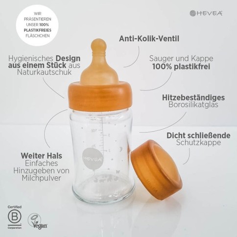 Babyfläschchen aus Glas/ weiter Hals (250 ml) + Trinksauger & Schutzkappe
