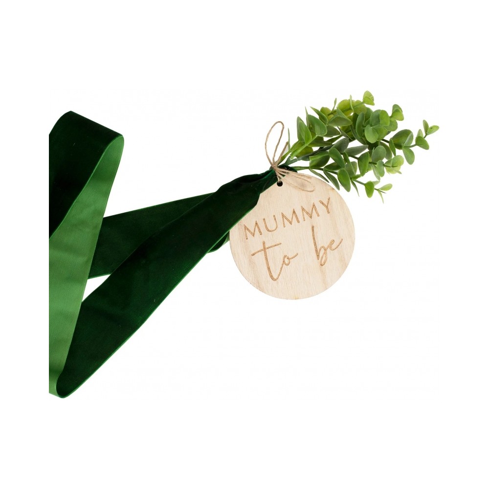 Baby Shower Bump Mummy To Be Sash, grüner Samt mit Eukalyptusblättern