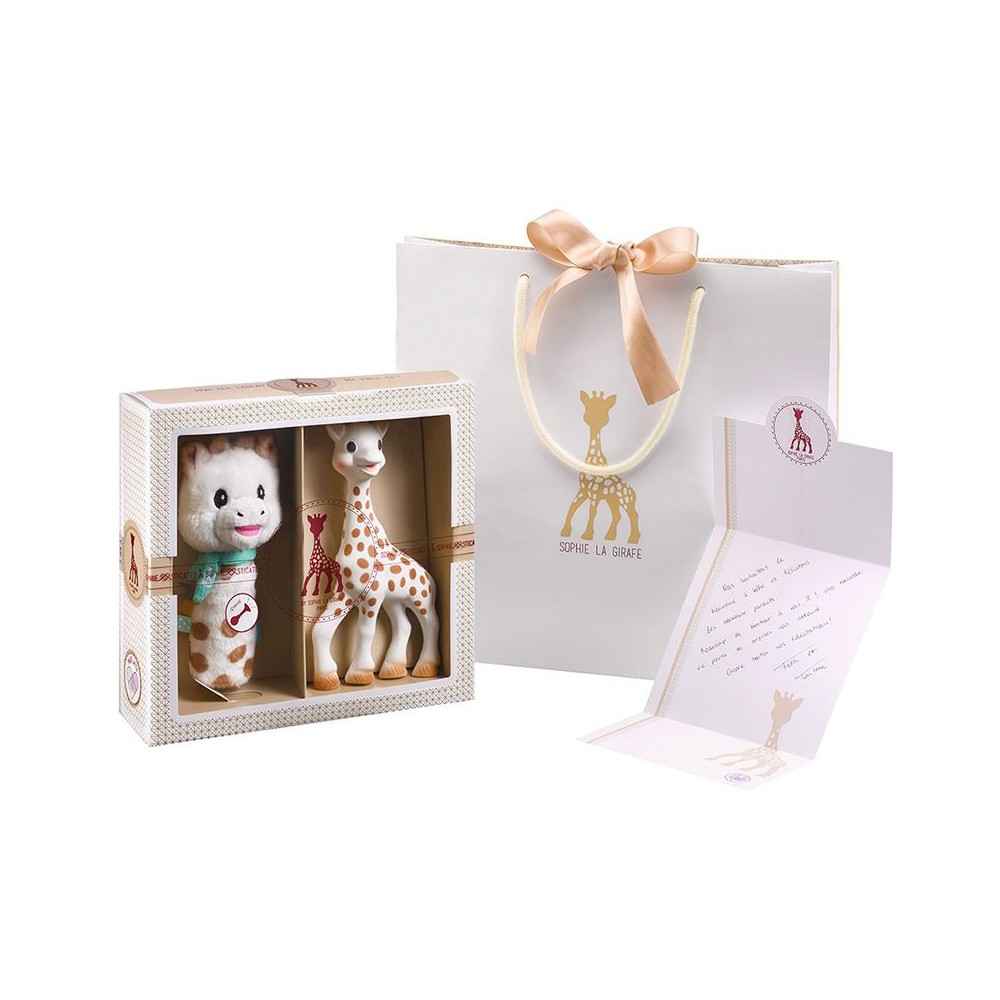 Geschenkset Sophie La Giraffe, Sophiesticated Willkommensgruss - Set Nr. 5 / 1 Sophie la girafe® mit 1 Plüschrasse