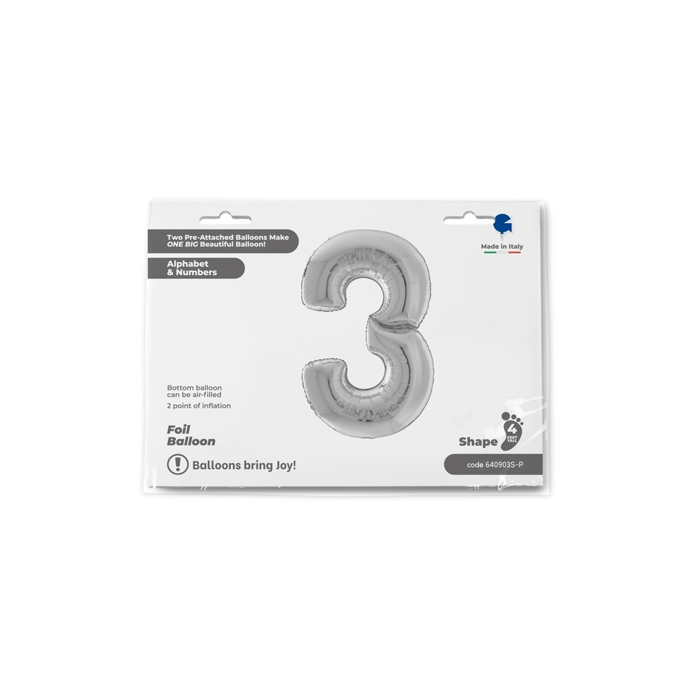 Grabo Folienballon Zahl 3, Silber (160 cm)