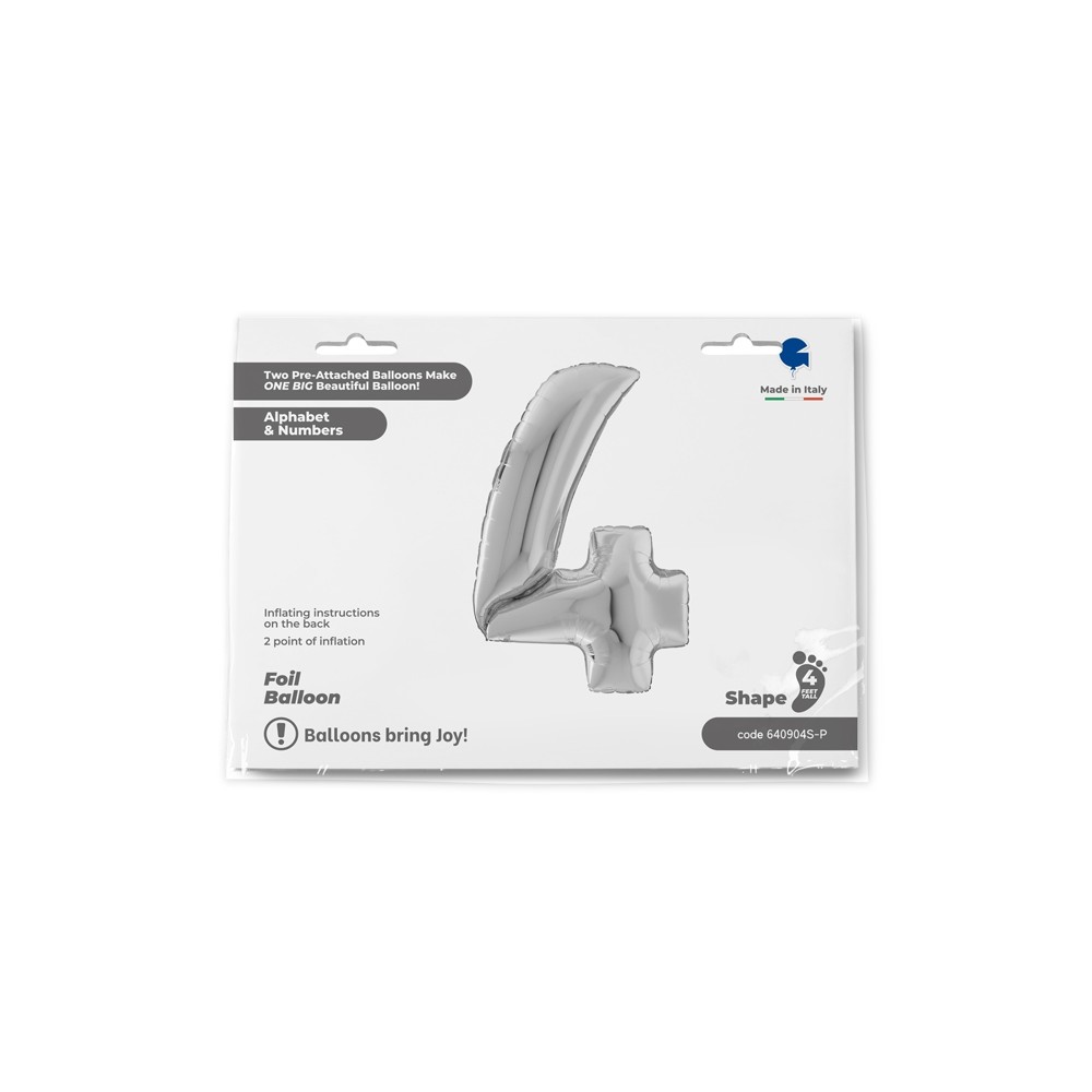 Grabo Folienballon Zahl 4, Silber (160 cm)