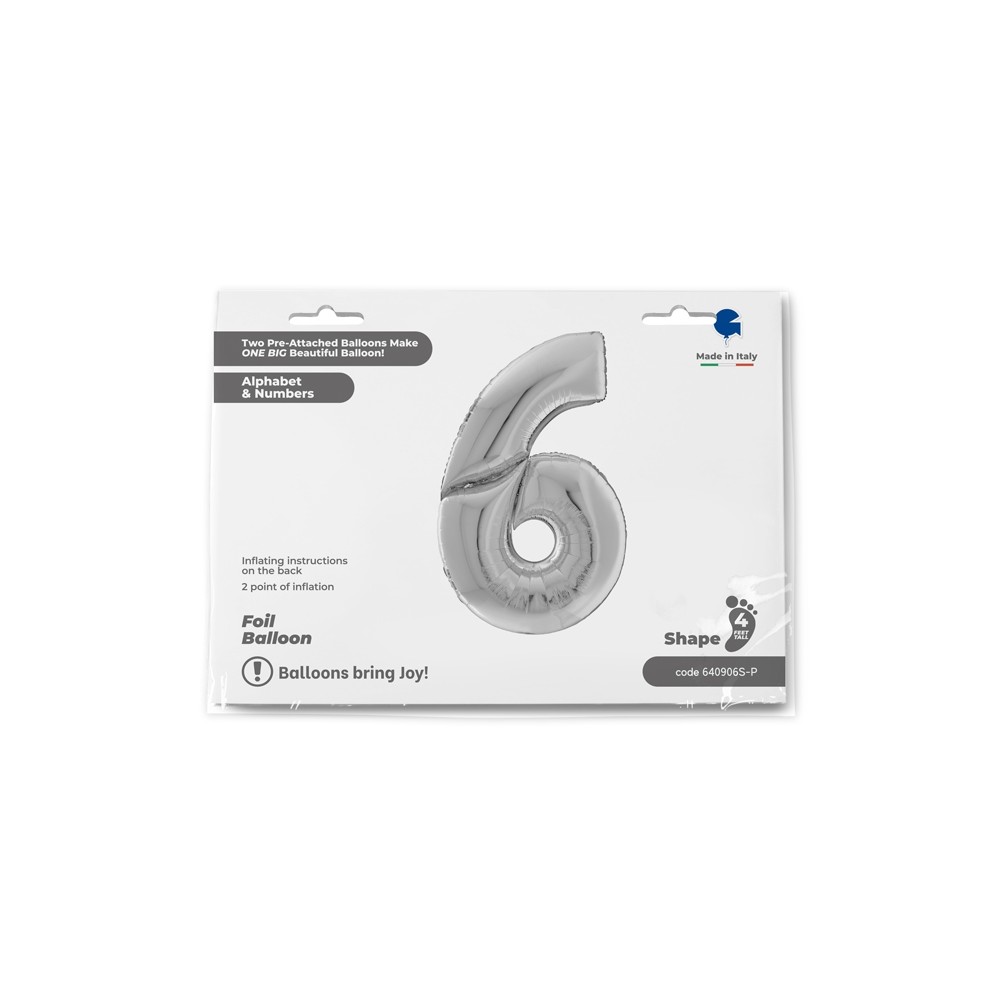 Grabo Folienballon Zahl 6, Silber (160 cm)