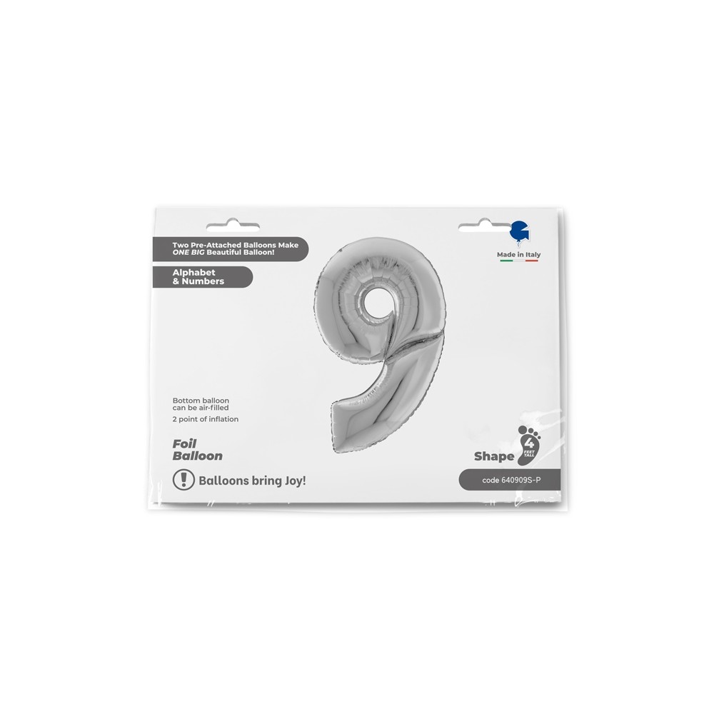 Grabo Folienballon Zahl 9, Silber (160 cm)