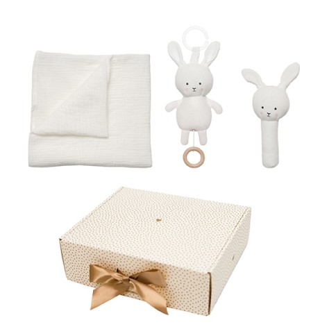 Geschenkset Babydecke/ Spieluhr/ Rassel Bunny / Weiss