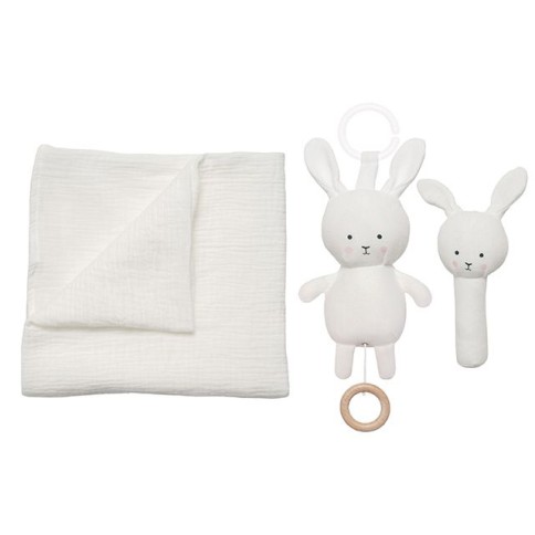 Geschenkset Babydecke/ Spieluhr/ Rassel Bunny / Weiss
