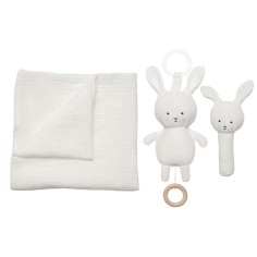 Geschenkset Babydecke/ Spieluhr/ Rassel Bunny / Weiss