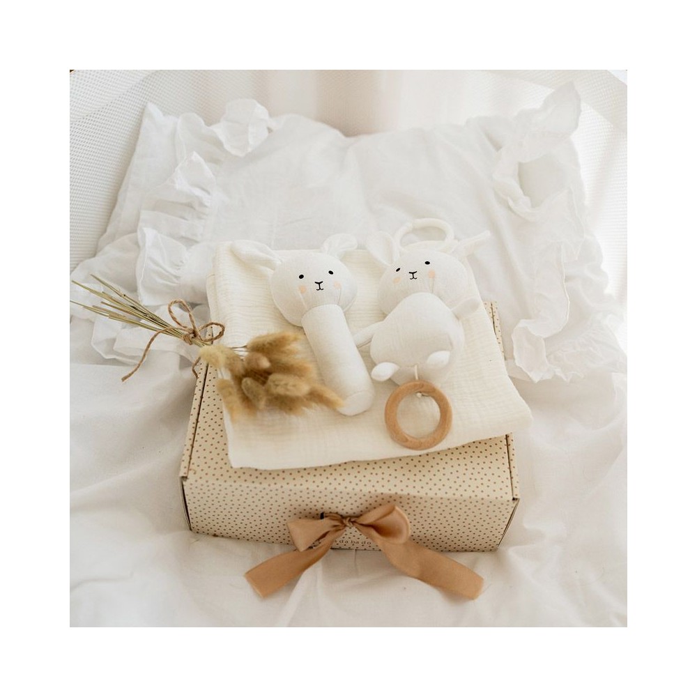 Geschenkset Babydecke/ Spieluhr/ Rassel Bunny / Weiss