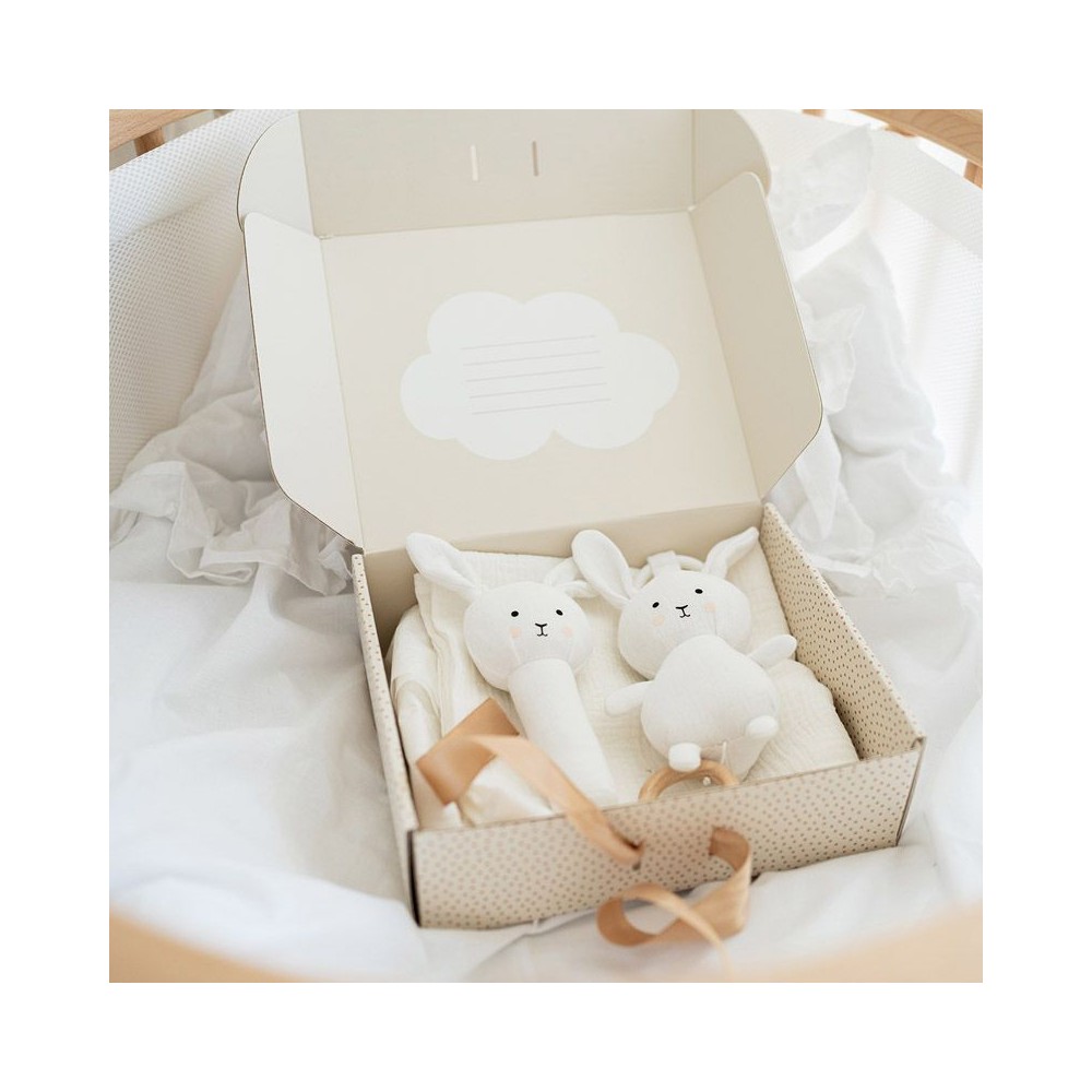 Geschenkset Babydecke/ Spieluhr/ Rassel Bunny / Weiss