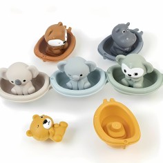 Badespielzeug, stapelbare Boote + Tierchen - Elefant, Hippo & Affe