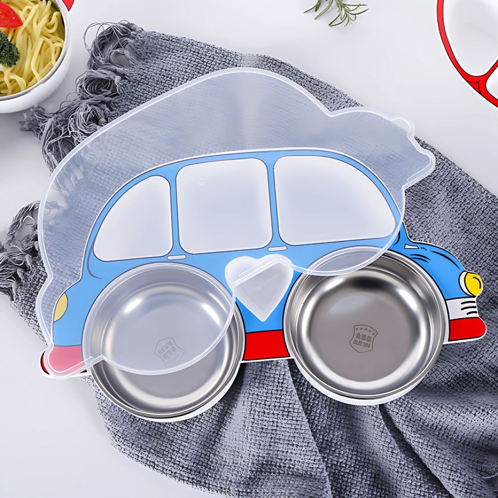 Teller mit Deckel & zwei Edelstahl-Schüssel, Auto - Blau