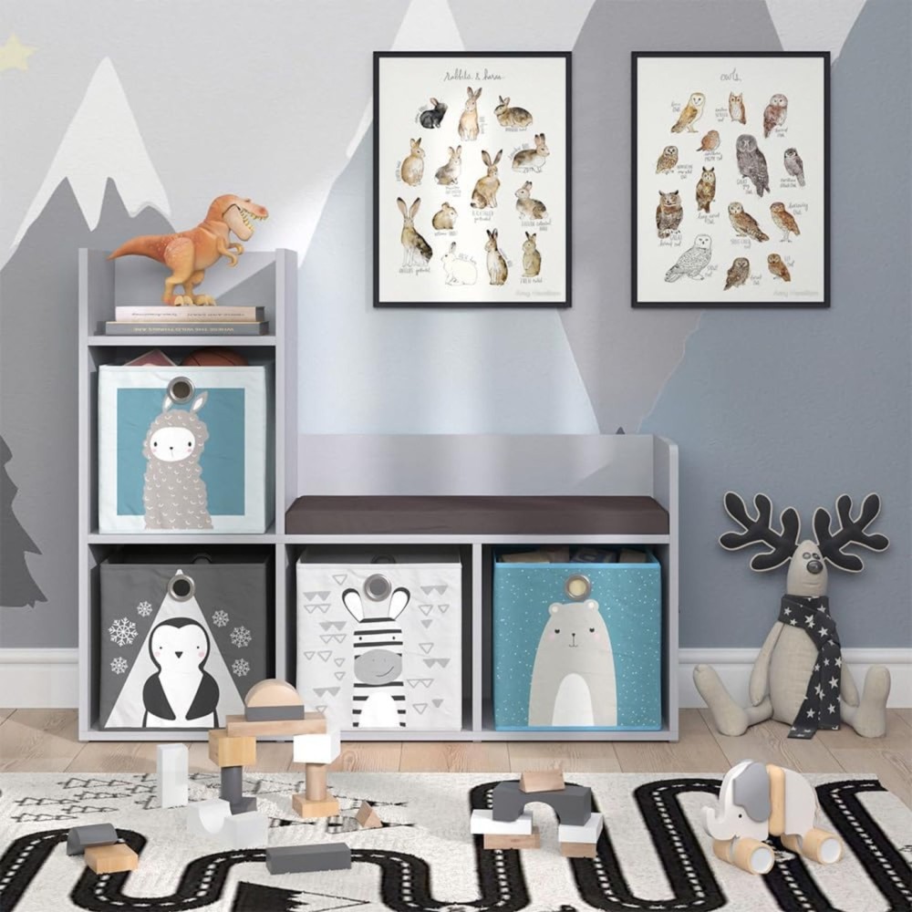 Kinder Spielzeugregal & Sitzbank mit 4 Aufbewahrungsboxen