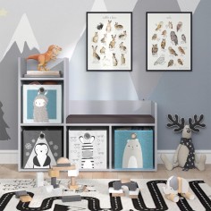 Kinder Spielzeugregal & Sitzbank mit 4 Aufbewahrungsboxen