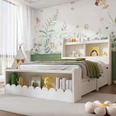 Kinderbett 90x200 mit Regal und Stauraum, weiss/ Eiche