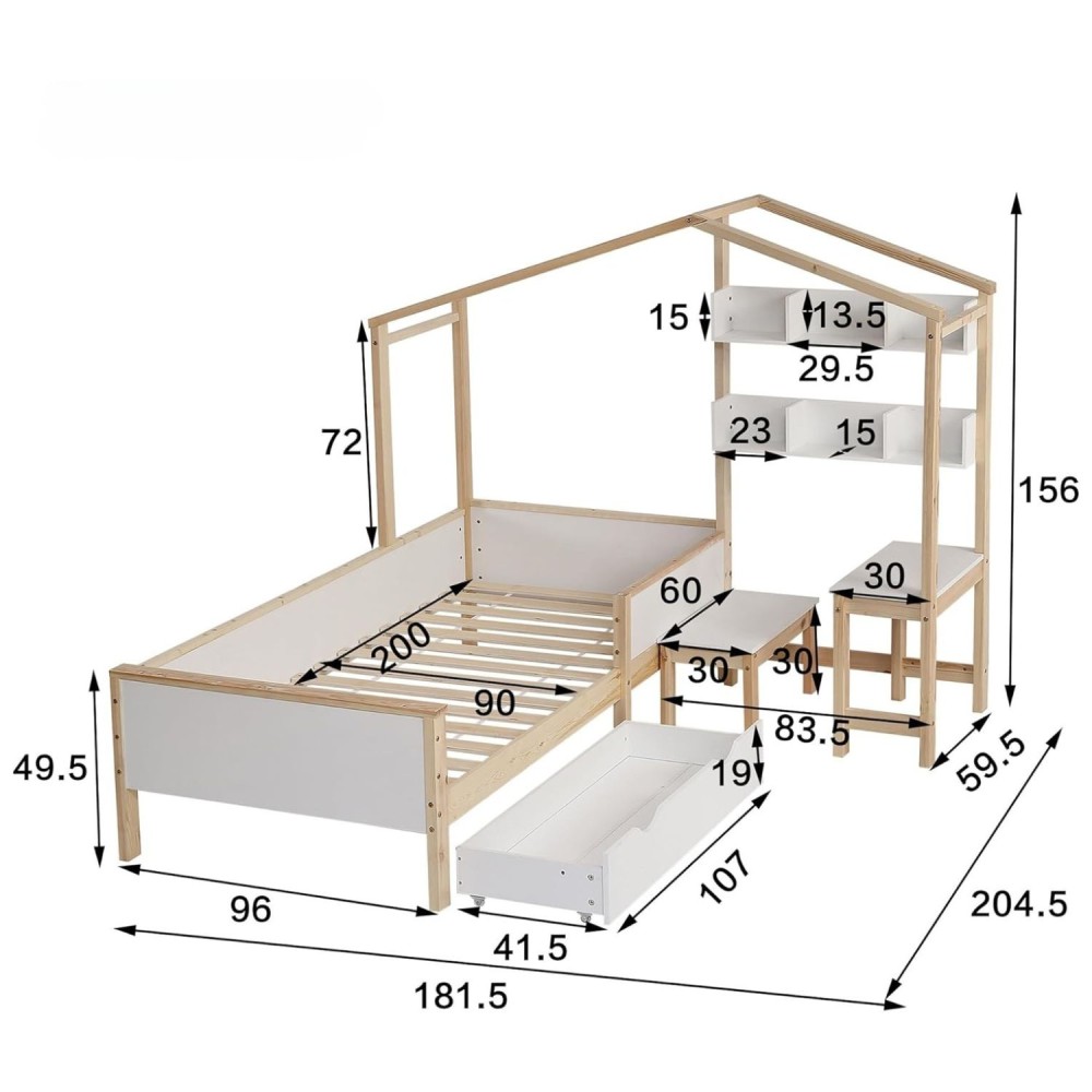 Kinderbett 90x200 Hausbett mit Stauraum, Tisch & Hocker
