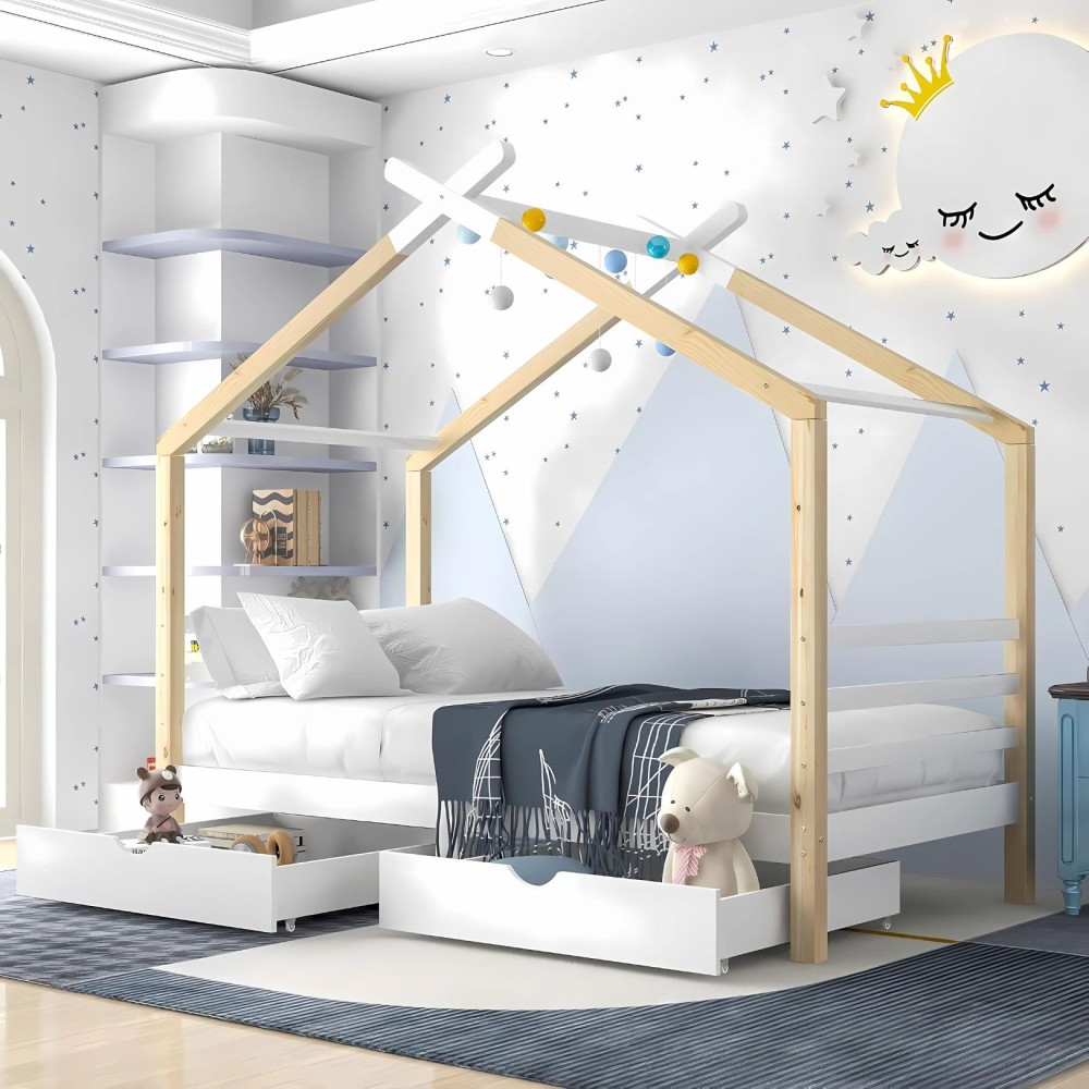 Kinderbett 90x200 Hausbett mit zwei Schubladen