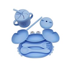 5-teiliges Silikon-Fütterungsset - Teller, Becher und Besteck, Blau