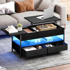 Kaffee- & Couchtisch mit LED, 2 Schubladen & Verstecktem Ablagefach