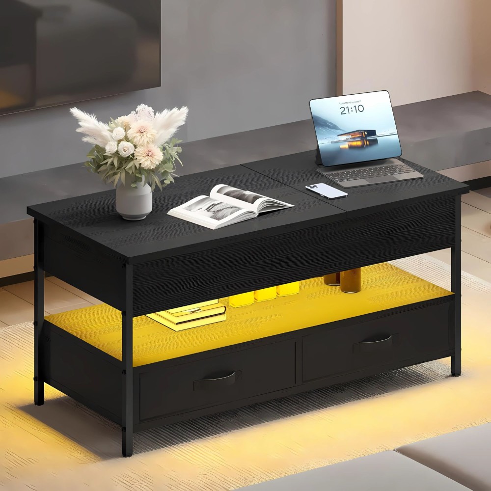 Kaffee- & Couchtisch mit LED, 2 Schubladen & Verstecktem Ablagefach