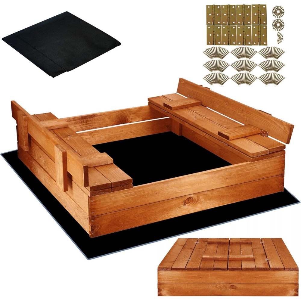 Sandkasten für Kinder aus Holz mit Abdeckung / Sitzbänke, 98 x 98 cm