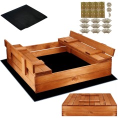 Sandkasten für Kinder aus Holz mit Abdeckung / Sitzbänke, 98 x 98 cm