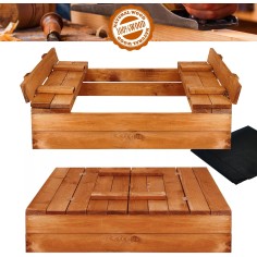 Sandkasten für Kinder aus Holz mit Abdeckung / Sitzbänke, 98 x 98 cm