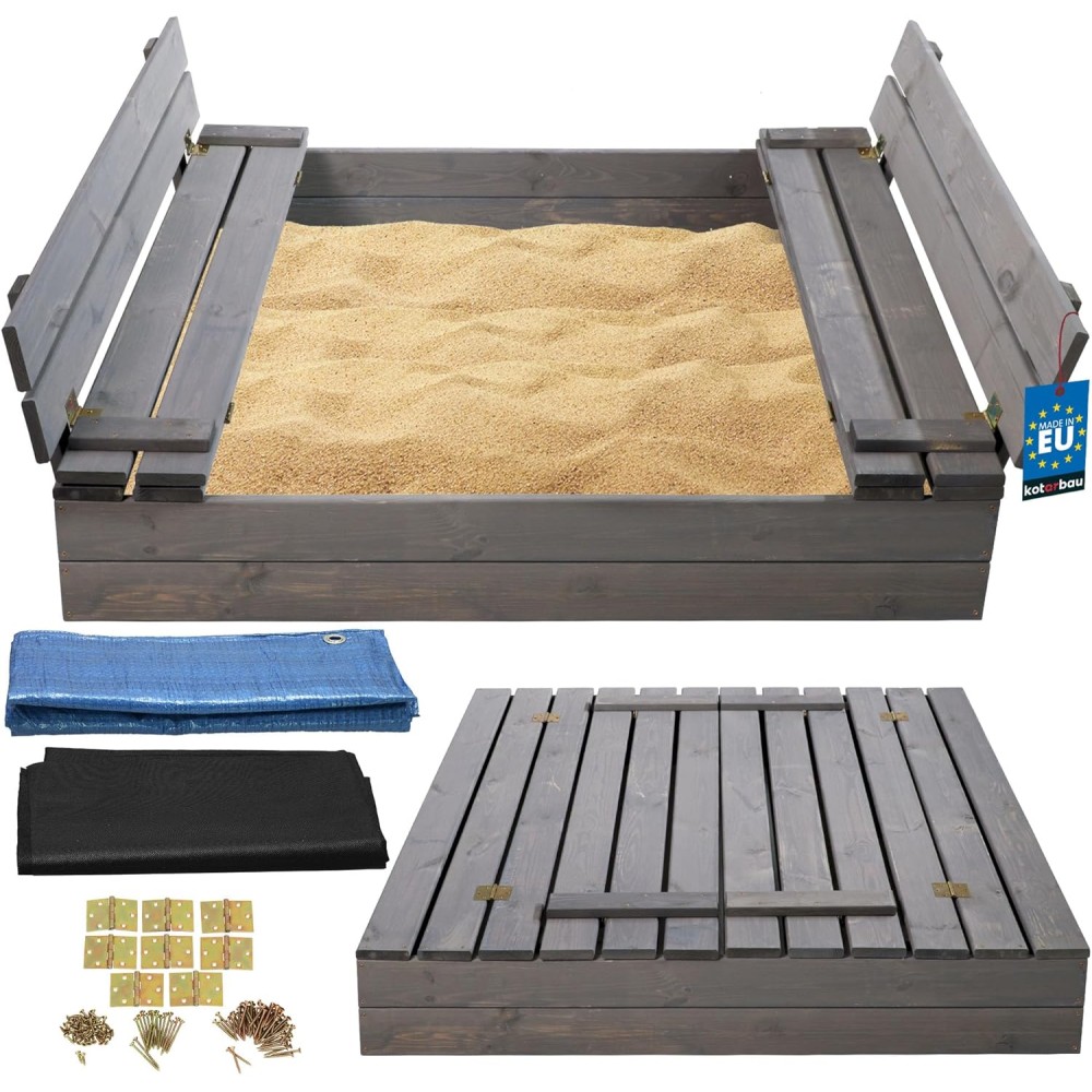 Sandkasten für Kinder aus Holz mit Abdeckung / Sitzbänke, 120 x 120 cm