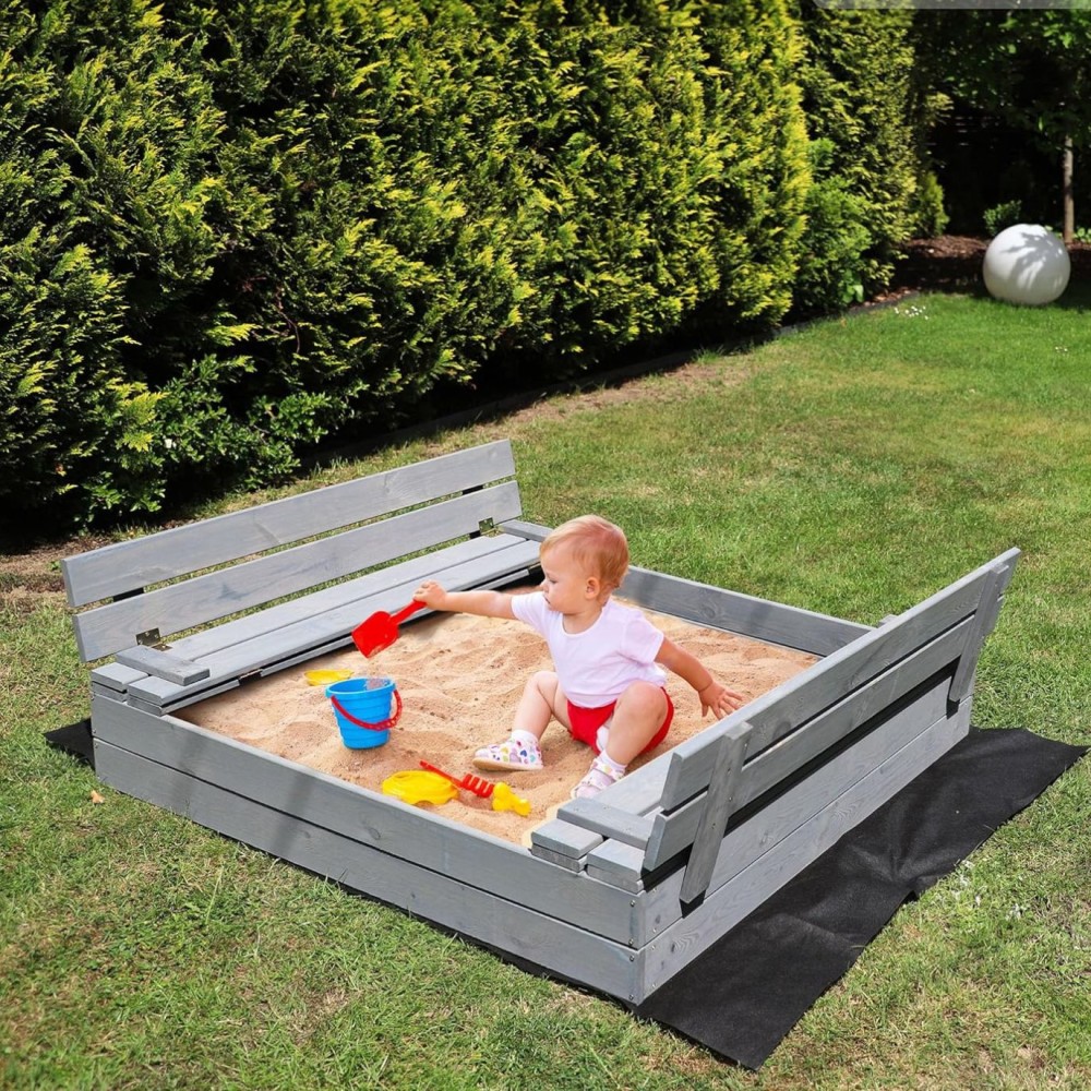 Sandkasten für Kinder aus Holz mit Abdeckung / Sitzbänke, 120 x 120 cm