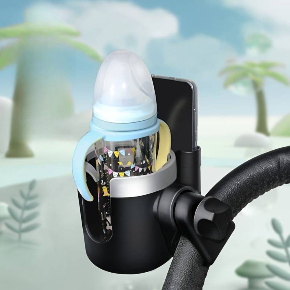 Kinderwagen Becherhalter mit Handy-Halterung, Schwarz/Silber