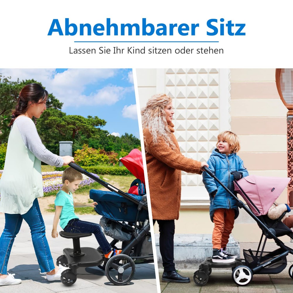 universelles Kinderwagen Mitfahrbrett mit abnehmbaren Sitz, schwarz