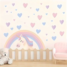 Wandsticker, Einhorn, Regenbogen & Herzen