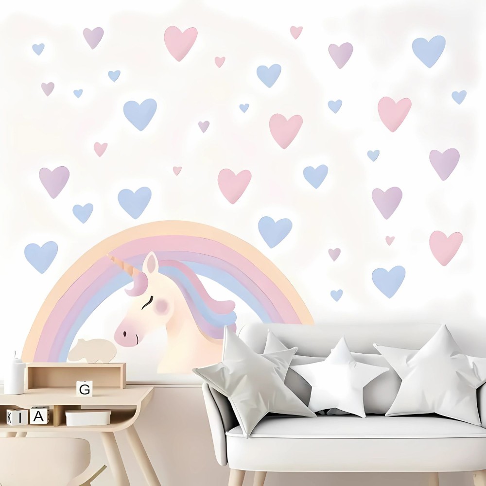 Wandsticker, Einhorn, Regenbogen & Herzen