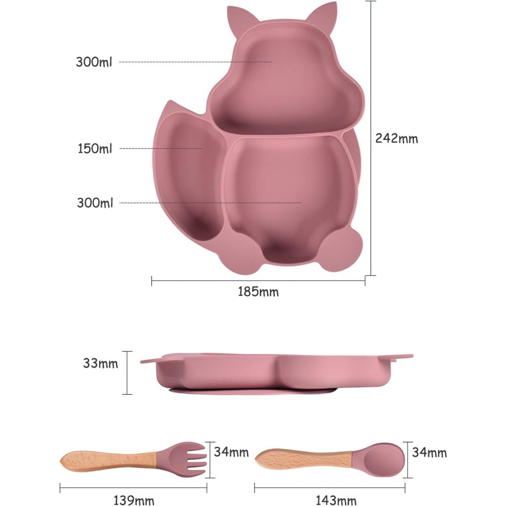 Kinder Geschirrset aus Silikon, 3-teilig mit Saugnapf-Teller, Löffel & Gabel, Rosa