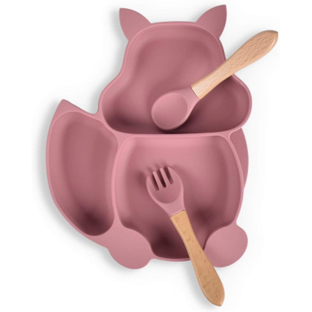 Kinder Geschirrset aus Silikon, 3-teilig mit Saugnapf-Teller, Löffel & Gabel, Rosa