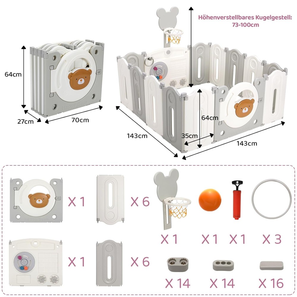 klappbares Laufgitter/ Laufstall & Spielplatz, Bär/ grau, 150 x 150 cm