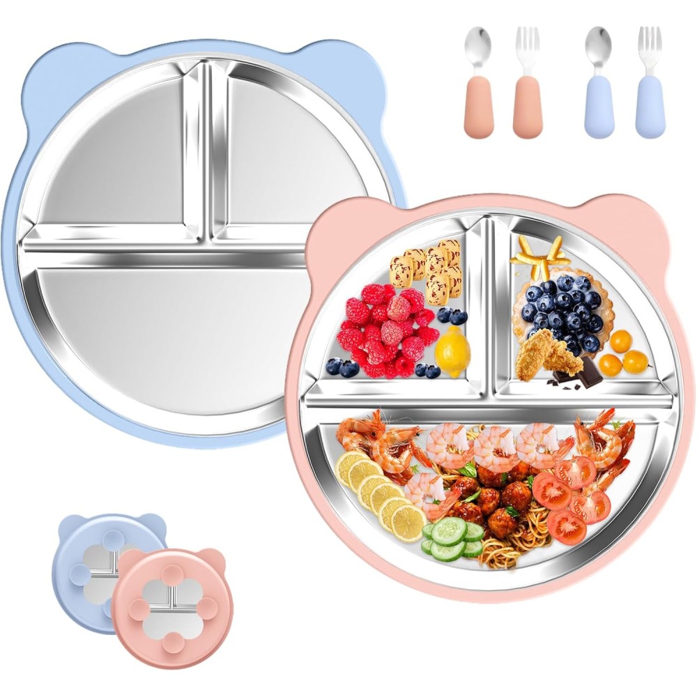 2er Set Silikon-Kinderteller mit Edelstahl-Einsatz & 2 Babylöffel & 2 Gabeln, Blau/ Rosa
